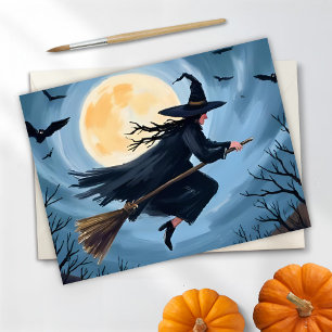 Witch on a Broomstick Happy Halloween Painted Holiday Card