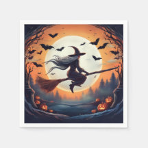 Witch on a Broomstick in the Moonlight with Bats