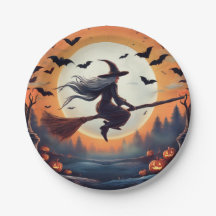 Witch on a Broomstick in the Moonlight with Bats