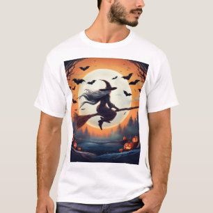 Witch on a Broomstick in the Moonlight with Bats T-Shirt