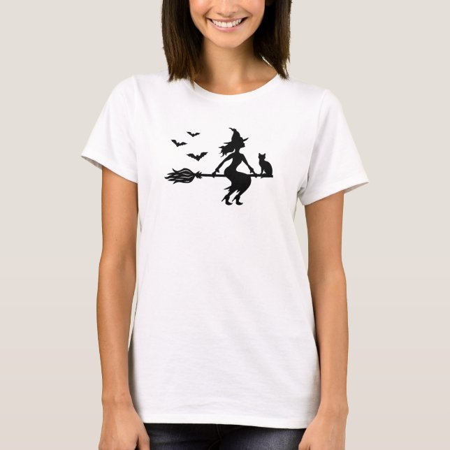 Witch On A Broomstick With Cat And Bats Halloween T-Shirt (Front)