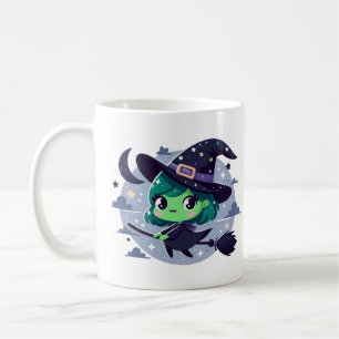 Witch on Broom Halloween Cute Cartoon Moon Bats Coffee Mug