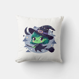 Witch on Broom Halloween Cute Cartoon Moon Bats Cushion
