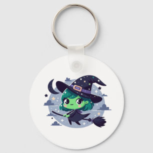 Witch on Broom Halloween Cute Cartoon Moon Bats Key Ring