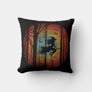 WITCH ON BROOM IN THE WOODS FOREST CUSHION