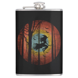 WITCH ON BROOM IN THE WOODS FOREST HIP FLASK