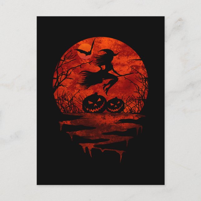 WITCH ON BROOM RED MOON POSTCARD (Front)