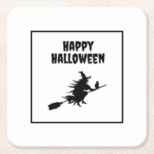 Witch on Broom with Cat Halloween Square Paper Coaster