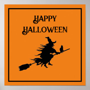 Witch on Broom with Cat Poster