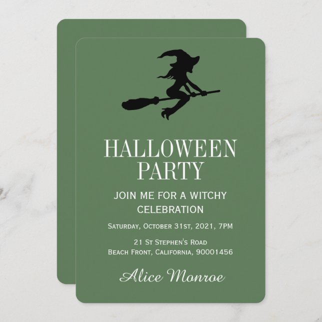 Witch On Broomstick, Halloween Party Invitation (Front/Back)