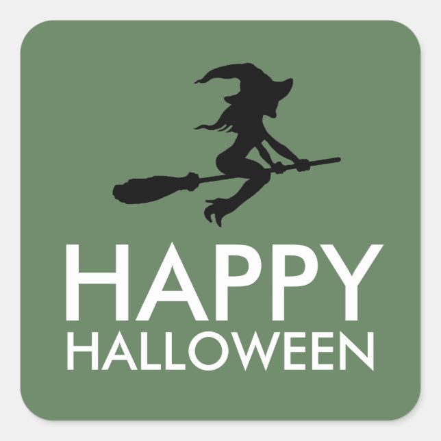Witch On Broomstick, Happy Halloween Square Sticker (Front)