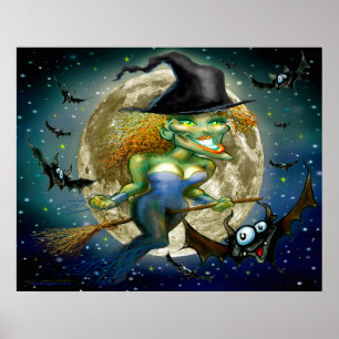 Witch on Broomstick Poster
