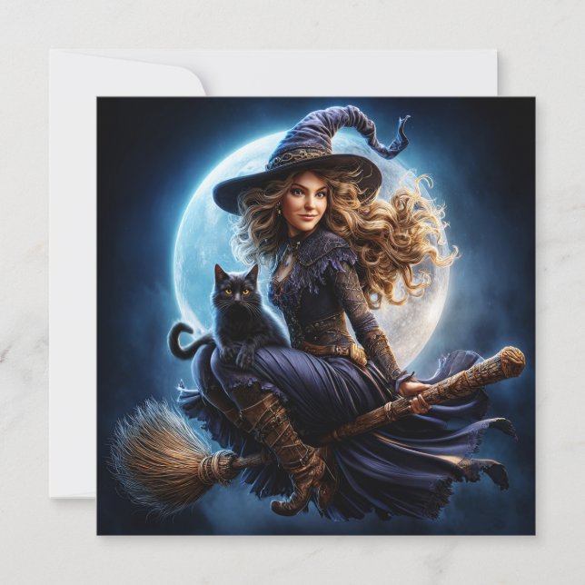 Witch on Broomstick with Black Cat Card (Front)