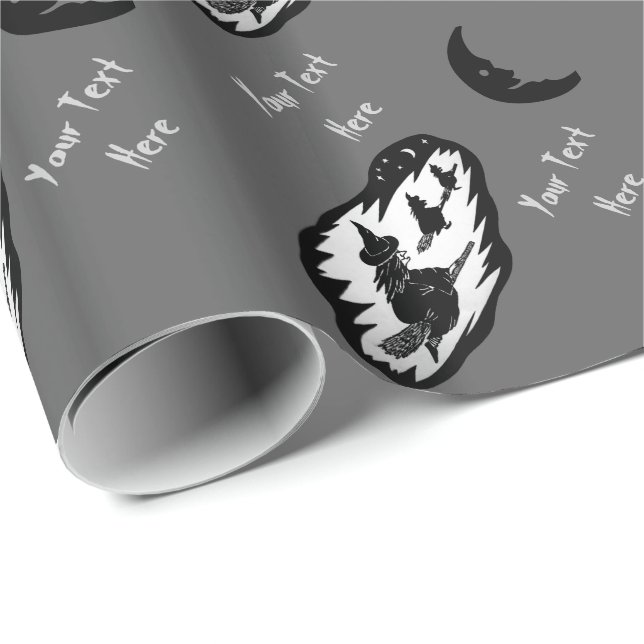 witch on broomstick with cat and bat black wrapping paper (Roll Corner)