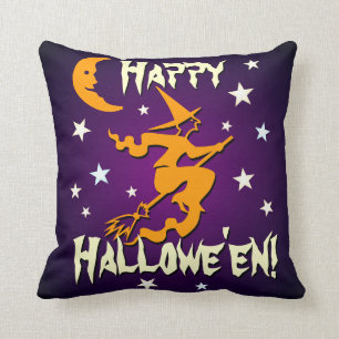 Witch on Front Cat on Back Happy Hallowe'en Purple Cushion