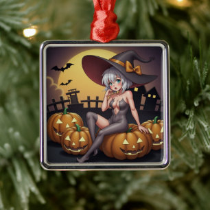 Witch on Jack-O-Lantern Halloween Farm Metal Ornament