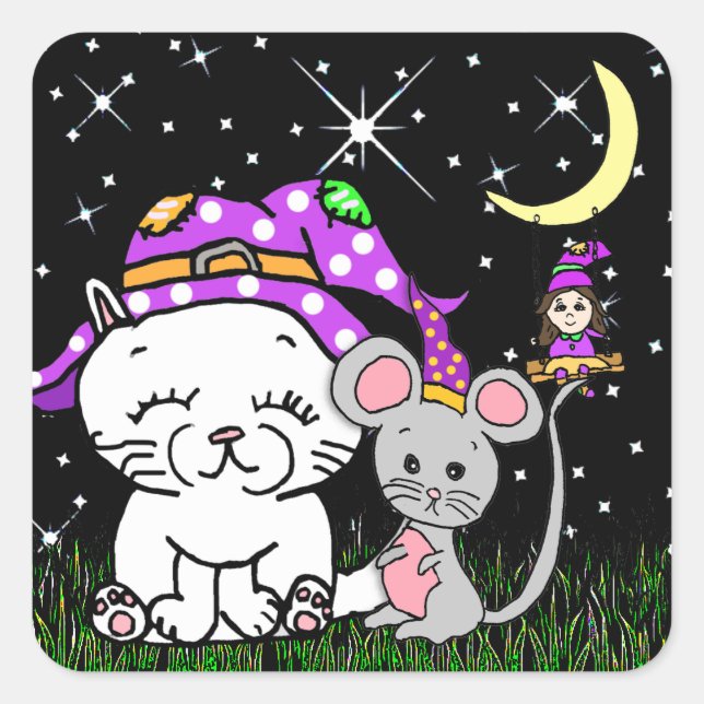 Witch on Moon Cat and Mouse Halloween Square Sticker (Front)