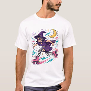 Witch on Roller Skates Retro Halloween Art T-Shirt