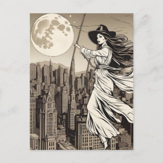 Witch Over the City on a Full Moon, Halloween Postcard
