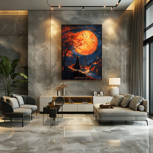 Witch Overlooking Village Halloween with Full Moon Poster