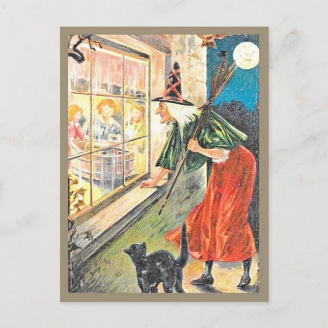 Witch Peering Through Window - Vintage Halloween Postcard (Front)