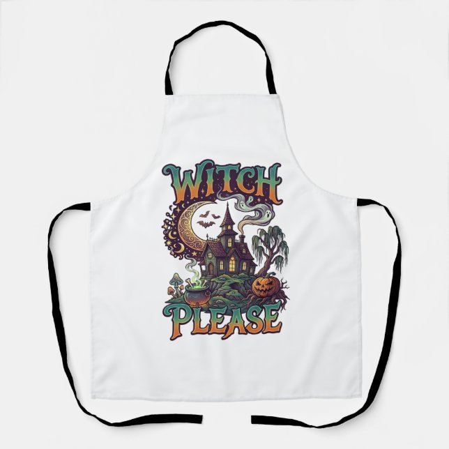 Witch Please Haunted House Crescent Moon Cauldron  Apron (Front)