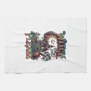 Witch Please Haunted House Crescent Moon Cauldron Tea Towel