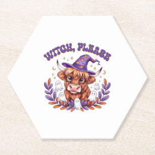 Witch Please Highland Cow Halloween Paper Coaster