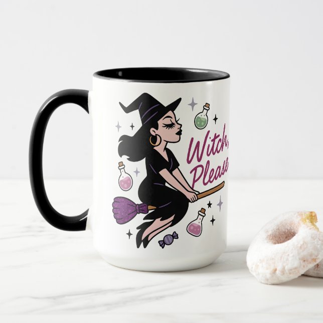 Witch Please Sassy Modern Witch Broomstick Design Mug (With Donut)