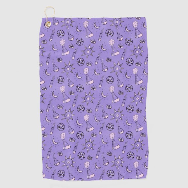 Witch Potions Purple Alchemy Pattern Golf Towel (Front)