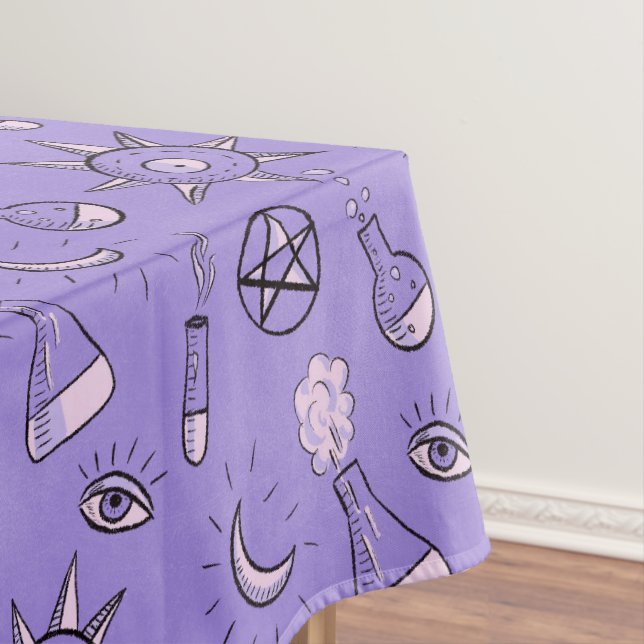Witch Potions Purple Alchemy Pattern Halloween Tablecloth (In Situ)