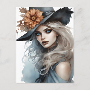 Witch Pretty Girl Brown Flower Magical Postcard