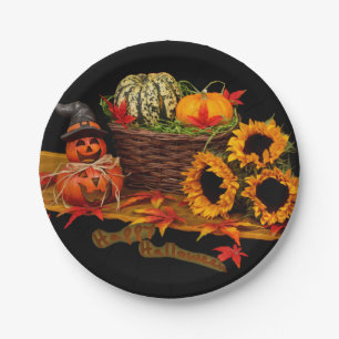 Witch Pumpkin and Sunflowers Halloween Paper Plate