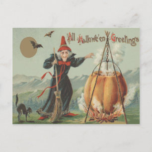 Witch Pumpkin Cauldron Black Cat Spell Postcard