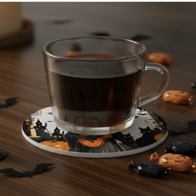 Witch Pumpkin Halloween Vibes Round Paper Coaster (Creator Uploaded)