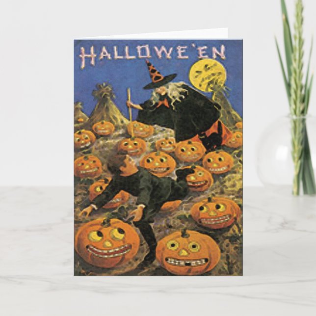Witch & Pumpkin Patch Vintage Halloween Card (Front)