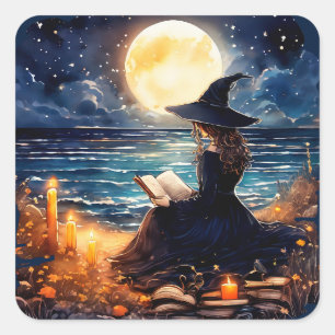 Witch reading a Book - Wicca Halloween 1 Square Sticker