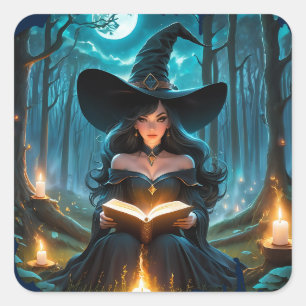 Witch reading a Book - Wicca Halloween 2 Square Sticker