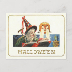 Witch Reading Jack O Lantern Pumpkin Postcard