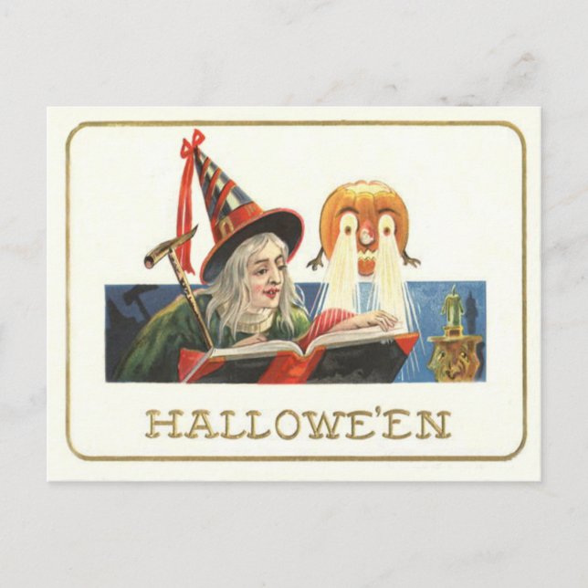Witch Reading Jack O Lantern Pumpkin Postcard (Front)