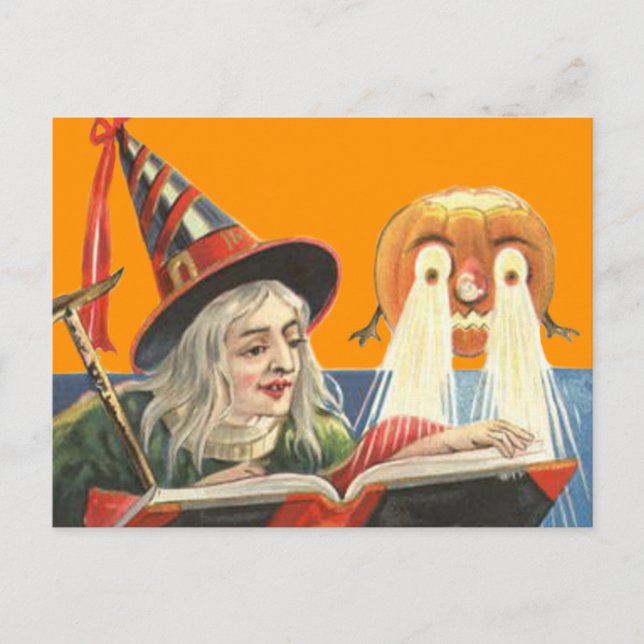 Witch Reading Jack O Lantern Pumpkin Postcard (Front)