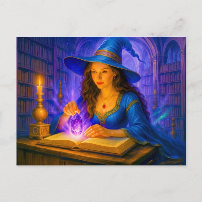 Witch reading spellbook with glowing crystal holiday postcard (Front)