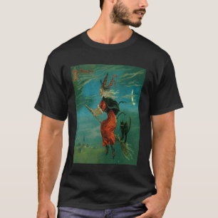 Witch Riding A Besom with A Black Cat Vintage Vect T-Shirt
