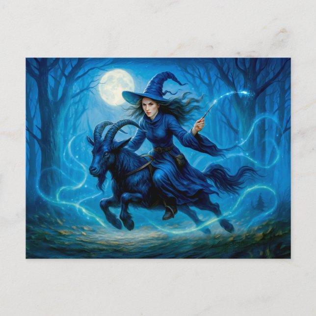 Witch riding a goat through moonlit forest holiday postcard (Front)