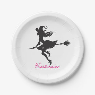 Witch Riding Broom Halloween Thunder_Cove Paper Plate