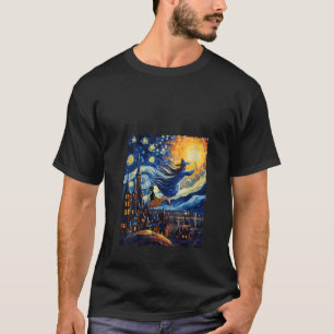 Witch Riding Brooms Halloween Starry Night Van Gog T-Shirt