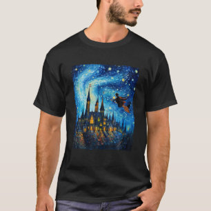 Witch Riding Brooms Towers Halloween Starry Night T-Shirt
