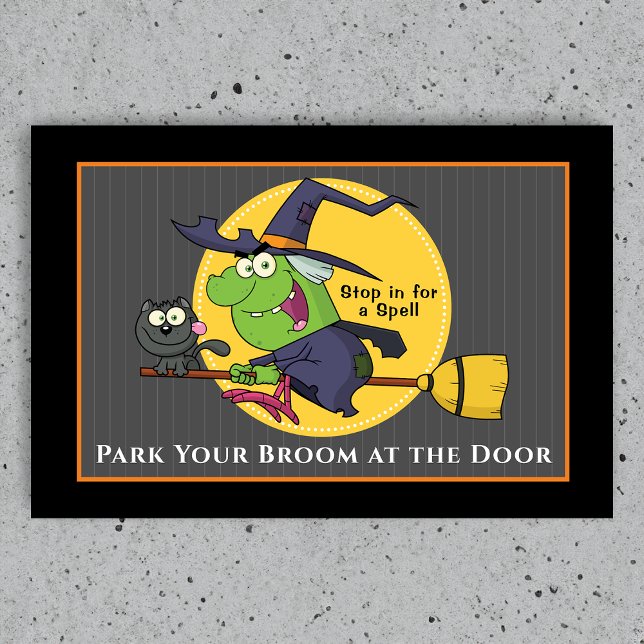 Witch Riding Broomstick Creepy Cat Halloween Doormat (Creator Uploaded)