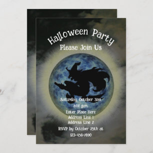 Witch Riding Broomstick Halloween Invitation