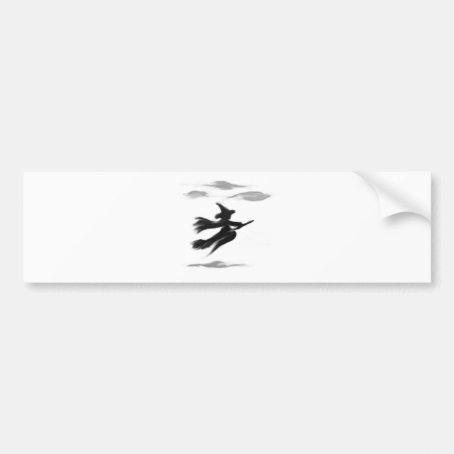 Witch Riding Her Broom Painted Design Bumper Sticker (Front)